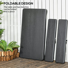 Folding Picnic Table with 2 Benches, 3-Piece Portable Garden Furniture Set for 4, Dining Table Set with Plastic Top, Steel Frame, Dark Grey