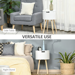 Modern Side Table with Hidden Storage Space, Round Night Stand with Removable Tray Wood Frame End Coffee Table for Living Room, Set of 2, White