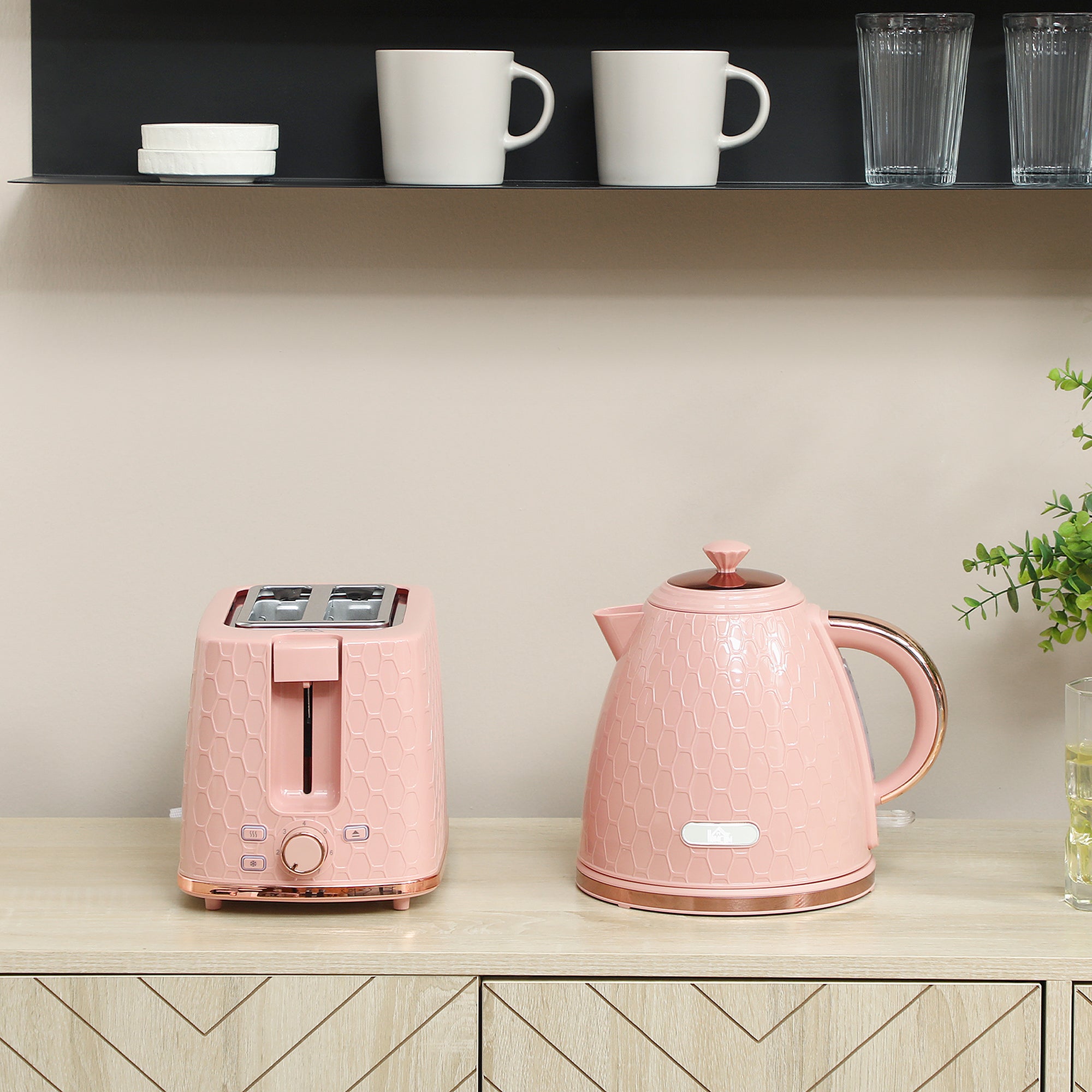 1.7L 3000W Fast Boil Kettle & 2 Slice Toaster Set, Kettle and Toaster Set with Auto Shut Off, Browning Controls, Light Pink