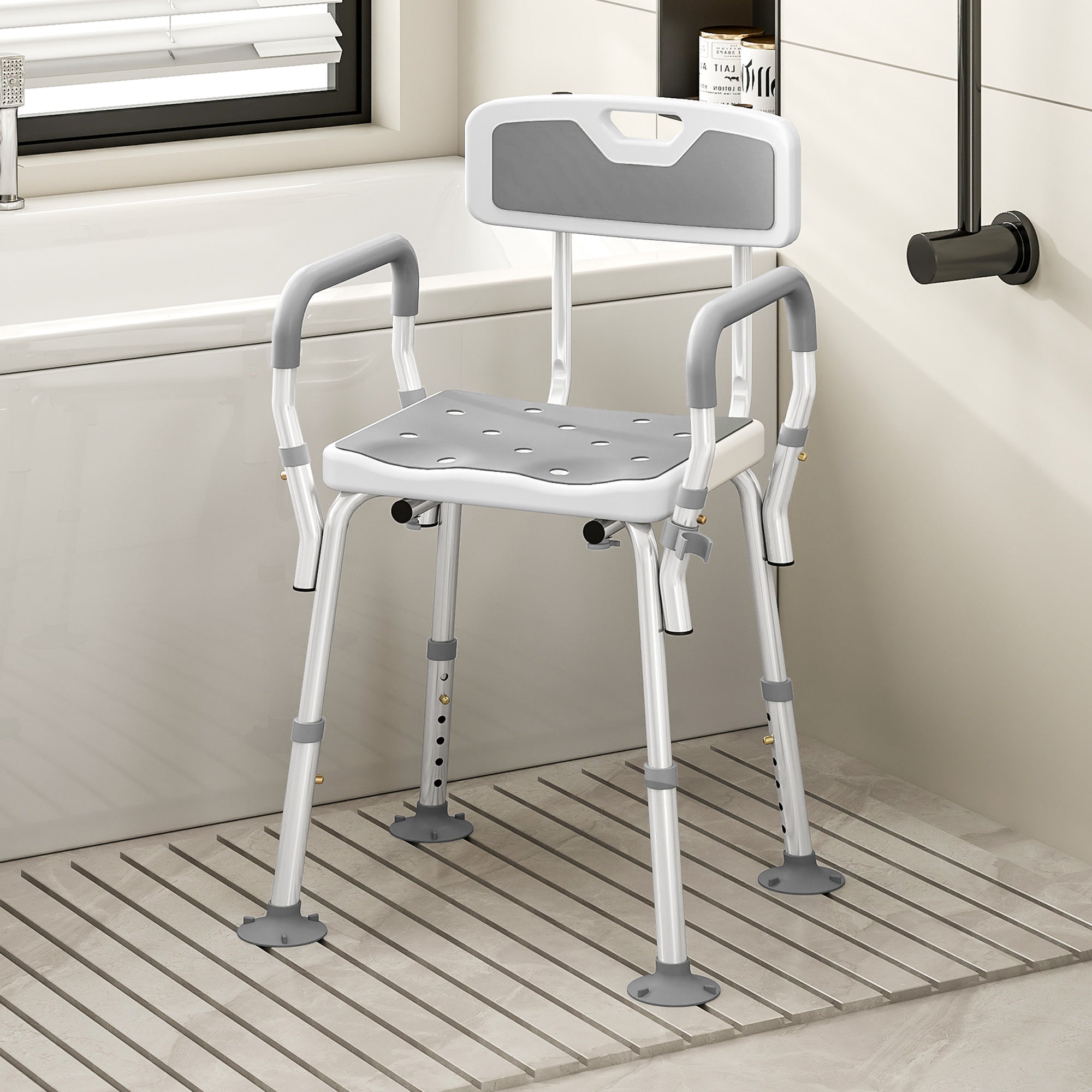 Fynco - EVA Padded Shower Chair for the Elderly and Disabled, Height Adjustable Shower Stool with Back and Arms, 4 Suction Foot Pads, Light Grey