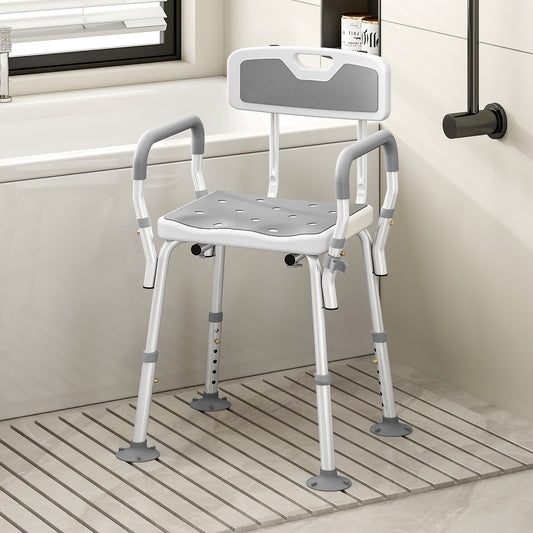 Fynco - EVA Padded Shower Chair for the Elderly and Disabled, Height Adjustable Shower Stool with Back and Arms, 4 Suction Foot Pads, Light Grey