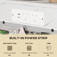 C-Shaped Bedside Table with Charging Station, Marble Grain Side Table with Power Outlets & USB Ports, Storage Bags, for Bedroom, Living Room, White
