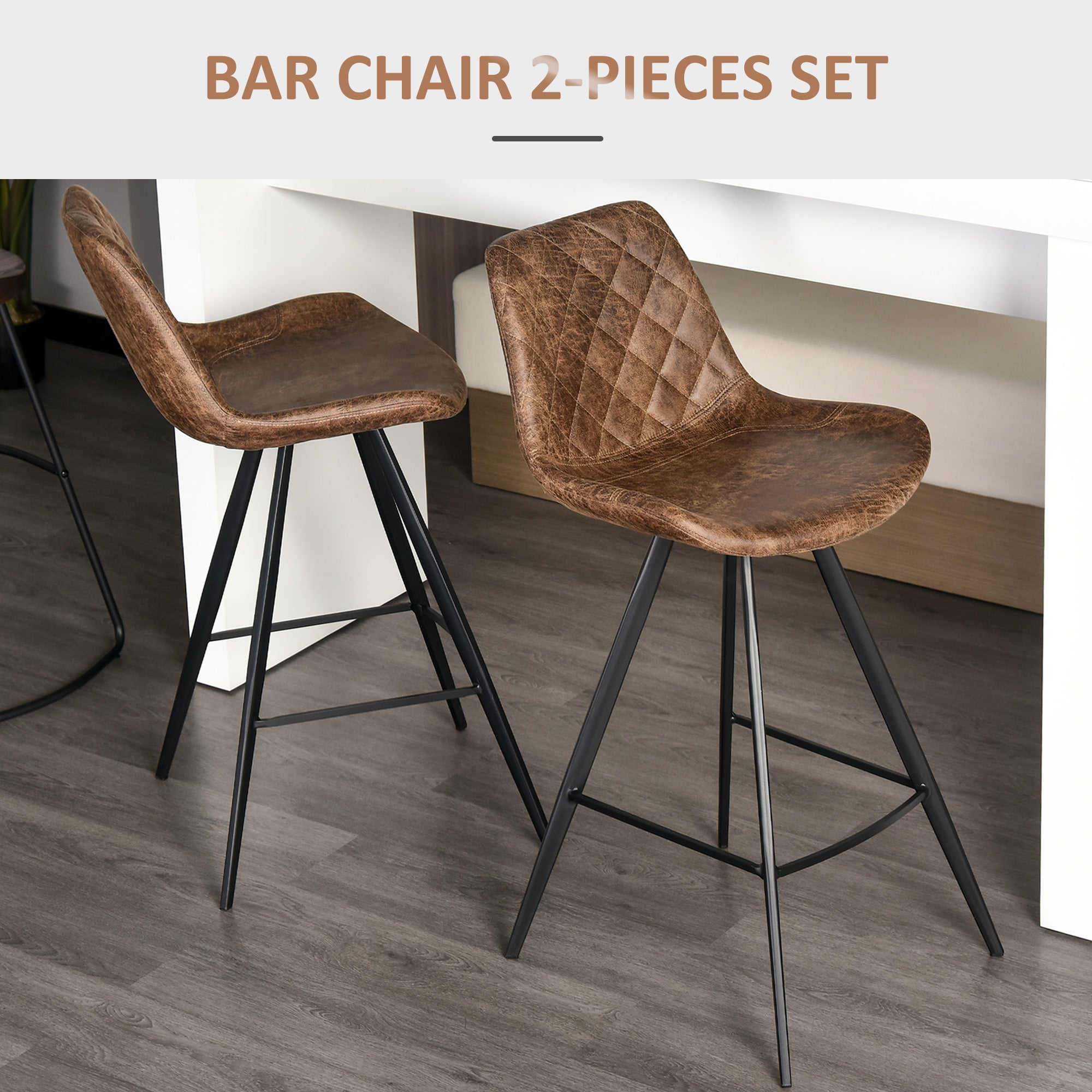 Set Of 2 Bar Stools Vintage Microfiber Cloth Tub Seats Padded Comfortable Steel Frame Footrest Quilted Home Bar Cafe Kitchen Chair Stylish Brown