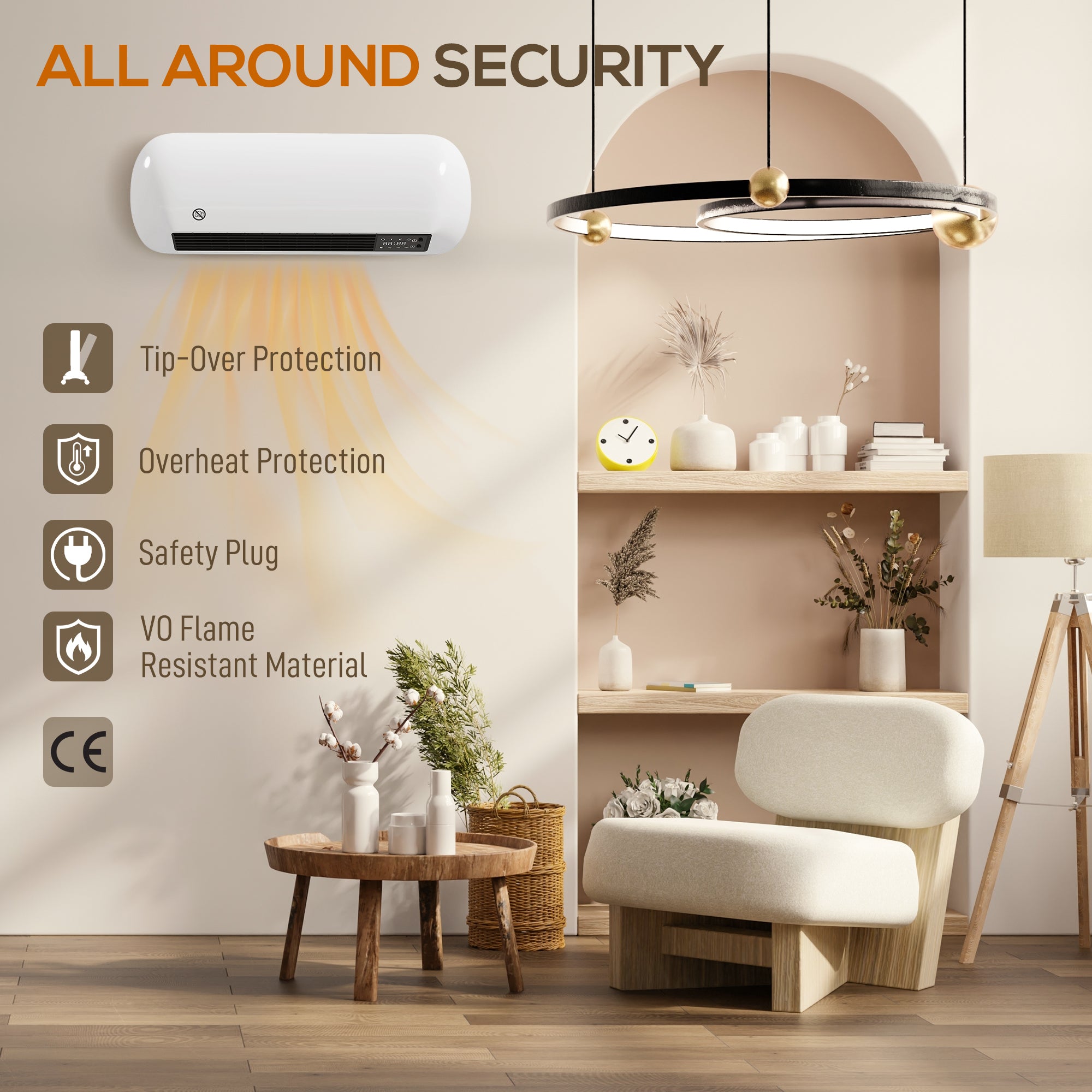 Fynco - 2000W Ceramic Electric Heater with Fan, Adjustable Thermostat, Wall Mounted - White