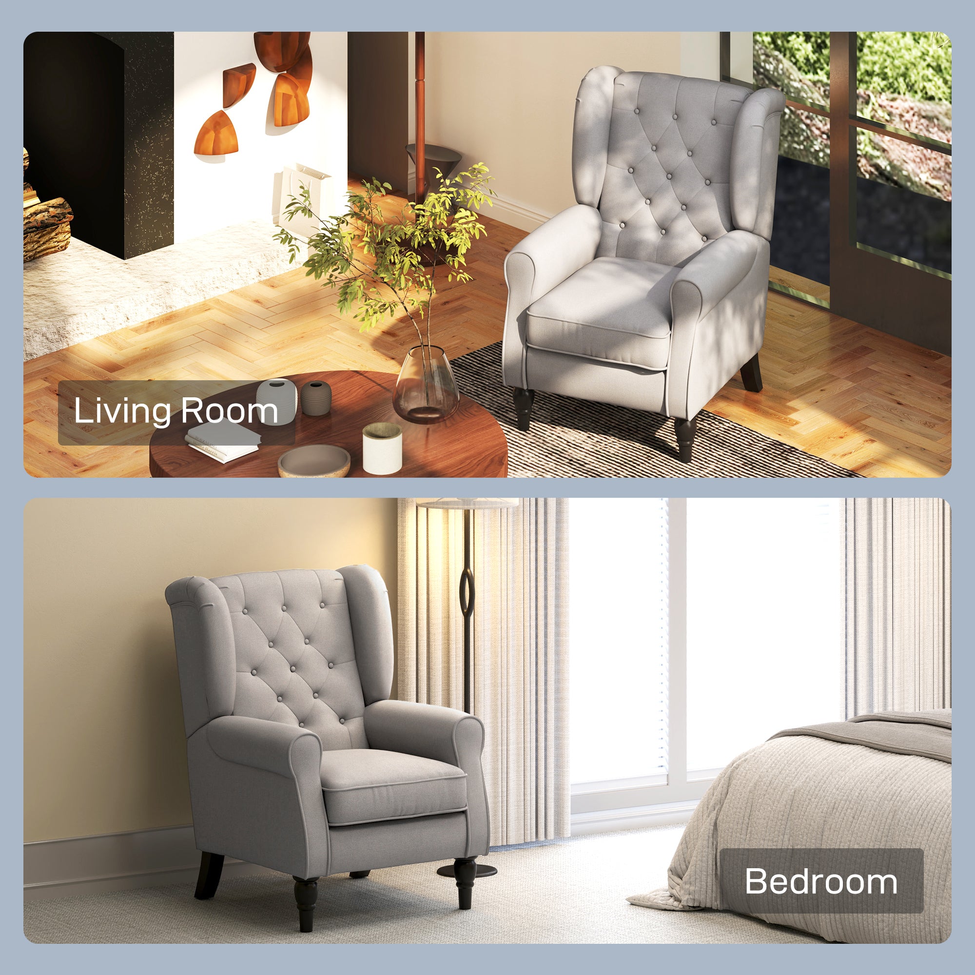 Retro Accent Chair, Wingback Armchair with Wood Frame Button Tufted Design for Living Room Bedroom, Grey