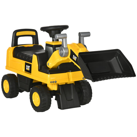 CAT Licensed Kids Construction Ride-On Toddler Digger Excavator Foot-To-Floor Ride-On Toy w/ Manual Shovel, Horn, Hidden Storage, for Ages 1.5-3 Years