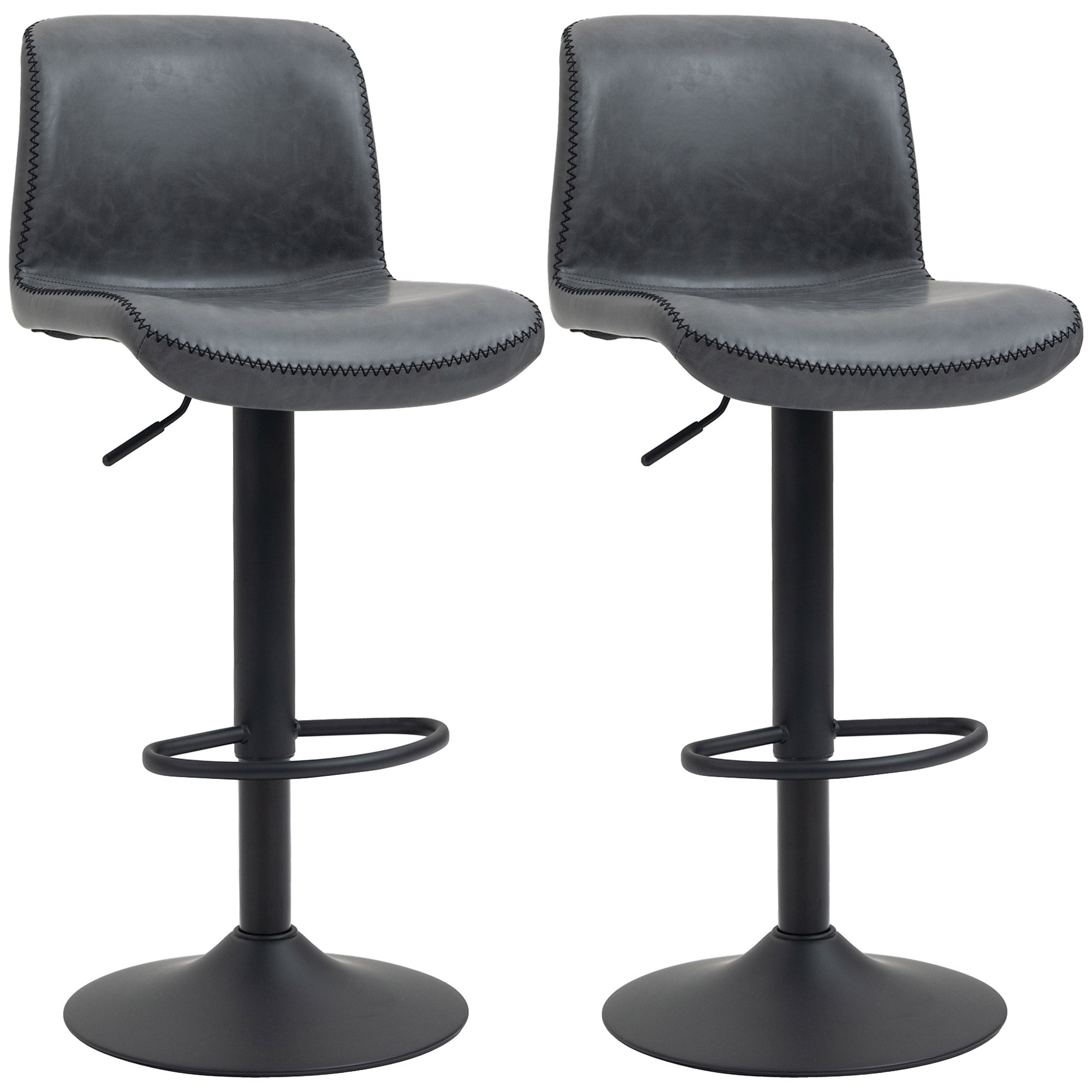 Set of 2 Bar Stool, Adjustable Height PU Leather Barstools with Swivel Seat and Footrest for Breakfast Bar, Kitchen and Home, Dark Grey