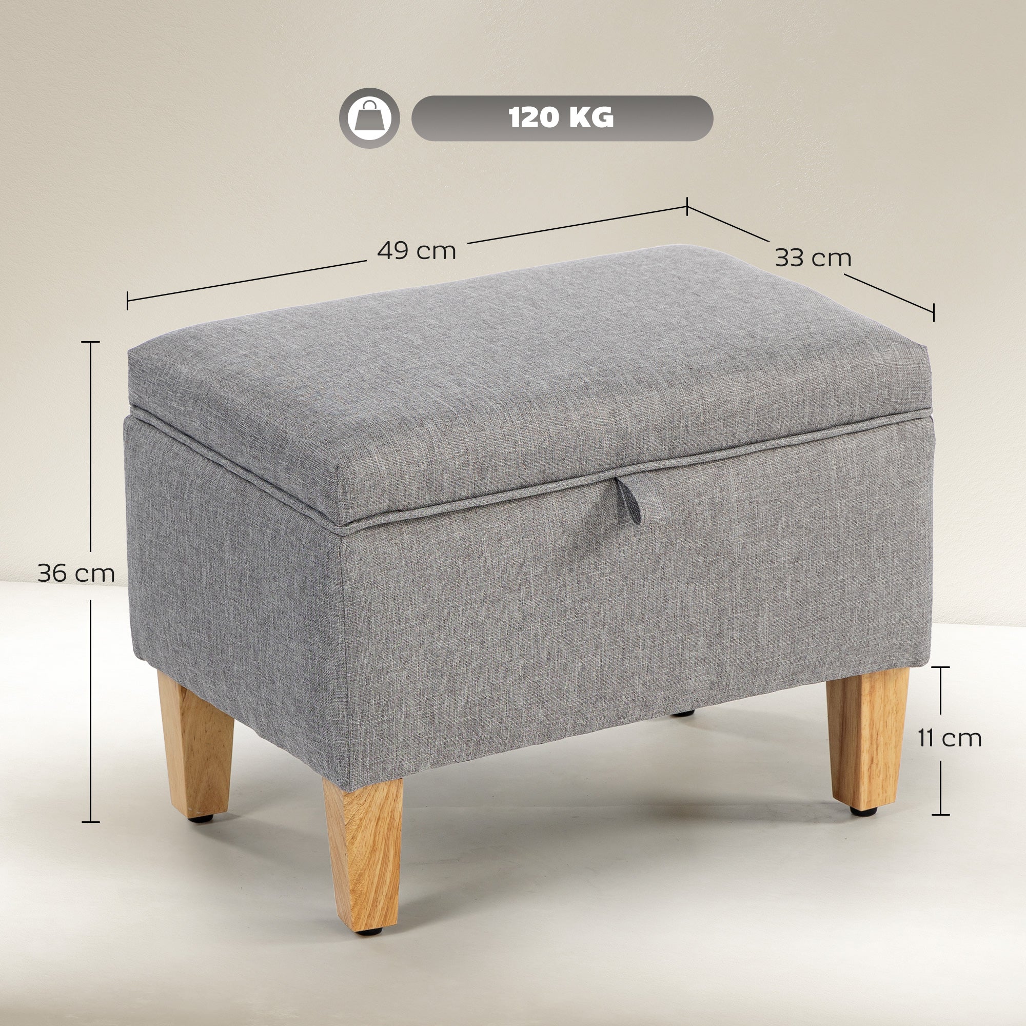 Fynco - 16L Linen Storage Ottoman Padded Footstool with Rubberwood Legs for Storage Box, Bed End, Shoe Bench, Seating, Light Grey