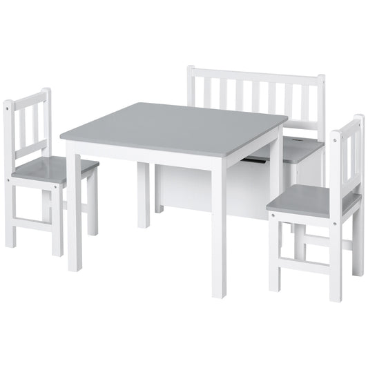 4-Piece Kids Table and Chair Set with 2 Wooden Chairs, 1 Storage Bench, and Interesting Modern Design, Grey/White