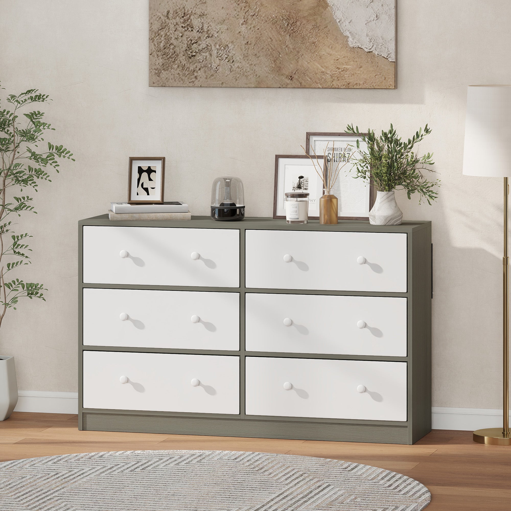 Chest of Drawers, Dresser with 6 Fabric Drawers - White and Grey