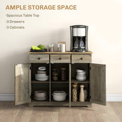 Sideboard with Rubber Wood Top, Modern Storage Cabinet, Kitchen Cupboard with 3 Doors, 3 Drawers and 3 Adjustable Shelves for Dining Room, Living Room, Grey Wood-Effect