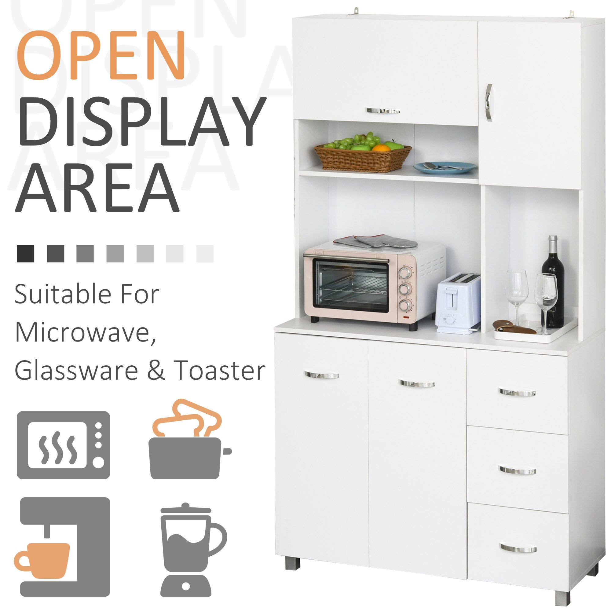 Kitchen Cupboard, 183cm Tall Storage Cabinet with Countertop, Sideboard with 3 Small Drawers, Flip Up Top Door, 3 Cabinet Doors and Open Shelves, 100W x 39.5D x 183.5H cm, White