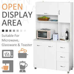Kitchen Cupboard, 183cm Tall Storage Cabinet with Countertop, Sideboard with 3 Small Drawers, Flip Up Top Door, 3 Cabinet Doors and Open Shelves, 100W x 39.5D x 183.5H cm, White