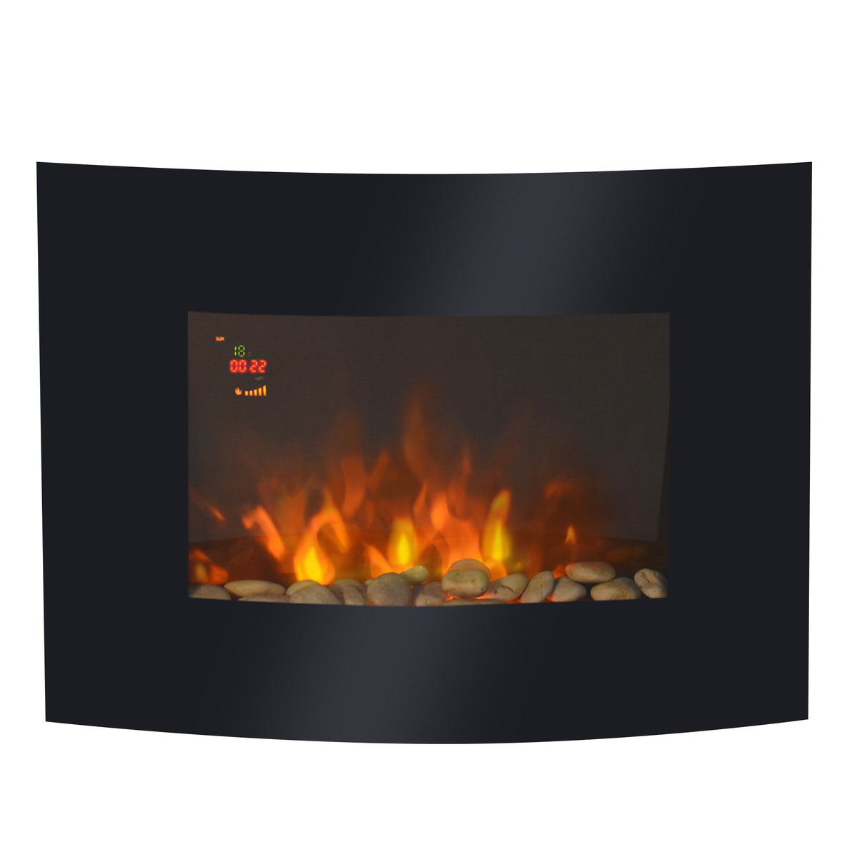 Fynco - Led Wall Mounted Fireplace Curved Glass Electric Fire Place Fire Place 7 Colour Side Lights Slimline, 900/1800W, 65cm x 52cm