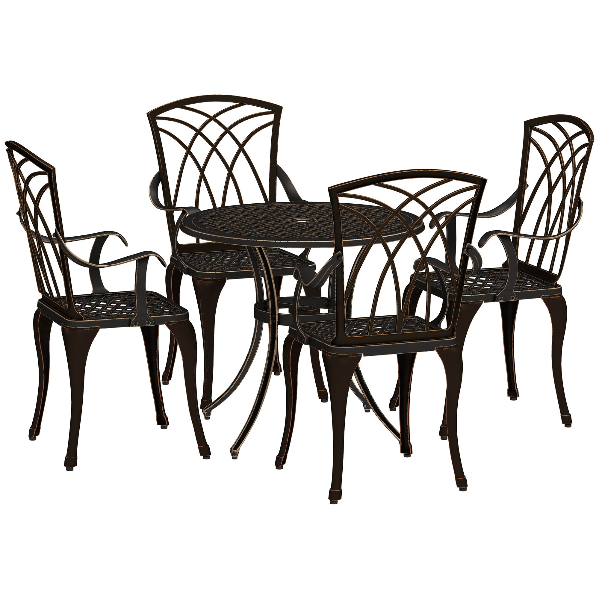 5 Pieces Garden Dining Set for 4, Cast Aluminium Outdoor Dining Set with 4 Armchairs and Round Dining Table with Parasol Hole, Garden Furniture Set, Bronze Tone