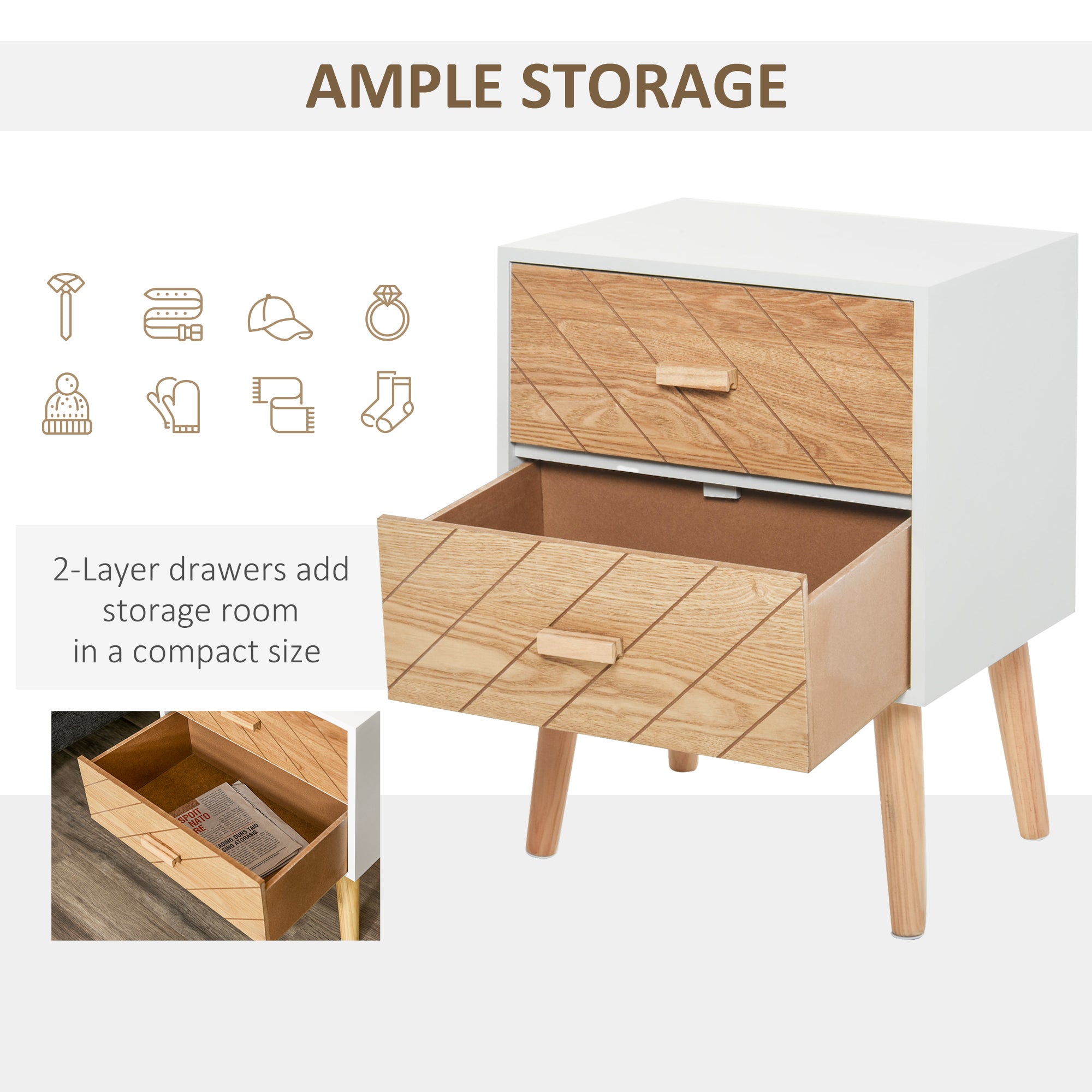 2 Drawers Bedside Table with Pine Legs, Bedroom Wooden Storage Cabinet, Natural