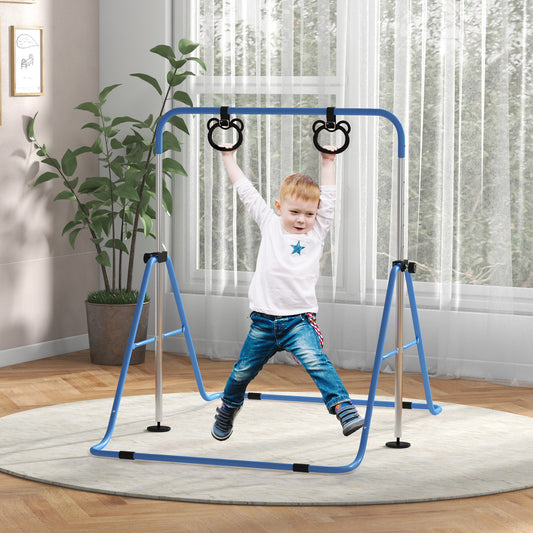 Adjustable Height, Foldable Kids Gymnastics Bar w/ Non-slip Rubber Floor Rings, for 3+ Years, Blue