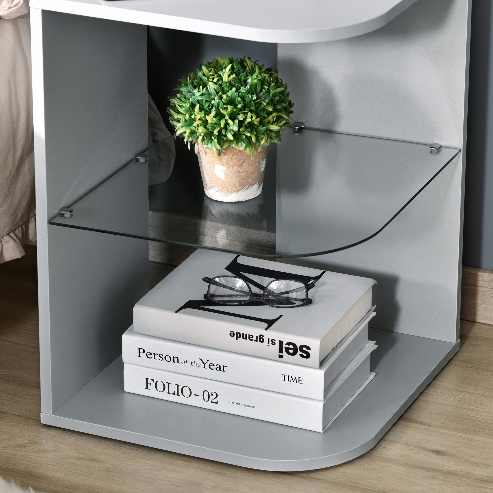 Modern Side Table Set of 2, Three Layer Bedside Table Nightstand with 2 Storage Shelves, for Living room, Bedroom, Grey