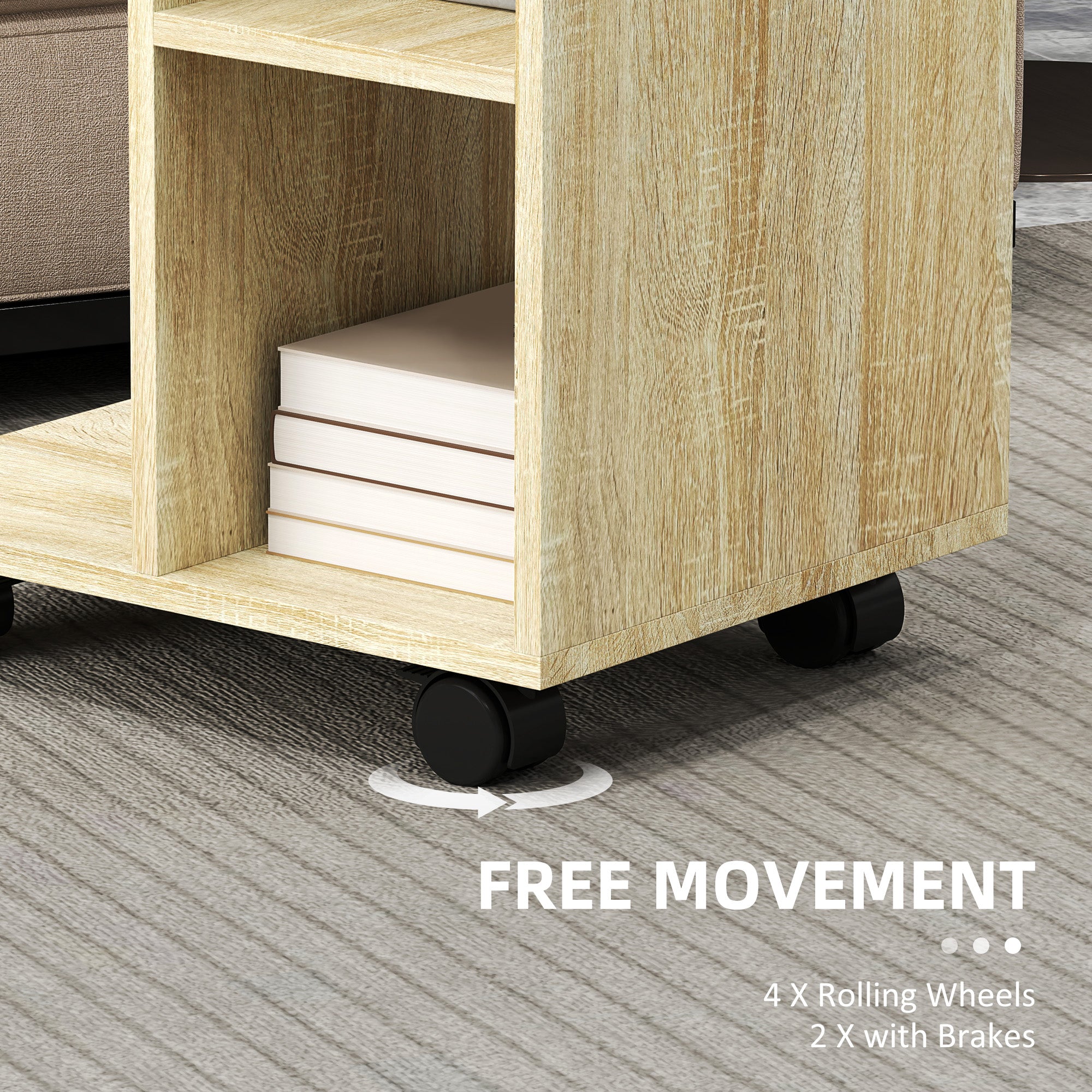 C-Shape End Table Unique Storage Unit w/ 2 Shelves 4 Wheels Freestanding Home Office Furniture Cabinet Square Studio Natural
