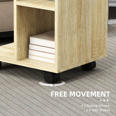 C-Shape End Table Unique Storage Unit w/ 2 Shelves 4 Wheels Freestanding Home Office Furniture Cabinet Square Studio Natural