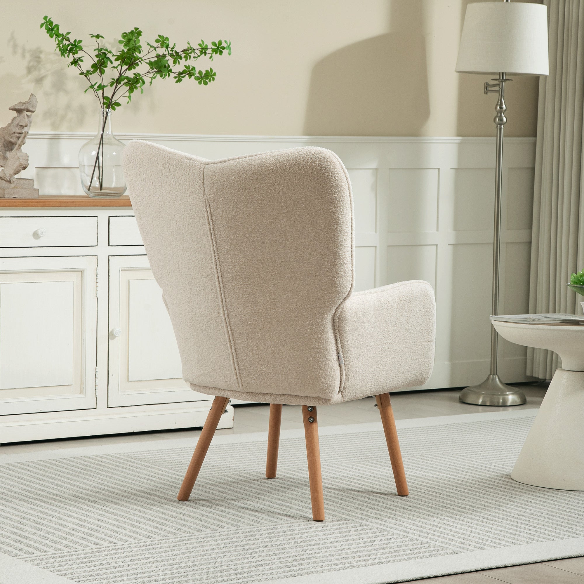 Modern Accent Chair, Upholstered Tufted Wingback Armchair with Seat Padding, Teddy Fleece Leisure Lounge Bedroom Chair with Wood Legs, Cream White