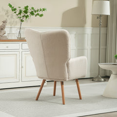 Modern Accent Chair, Upholstered Tufted Wingback Armchair with Seat Padding, Teddy Fleece Leisure Lounge Bedroom Chair with Wood Legs, Cream White