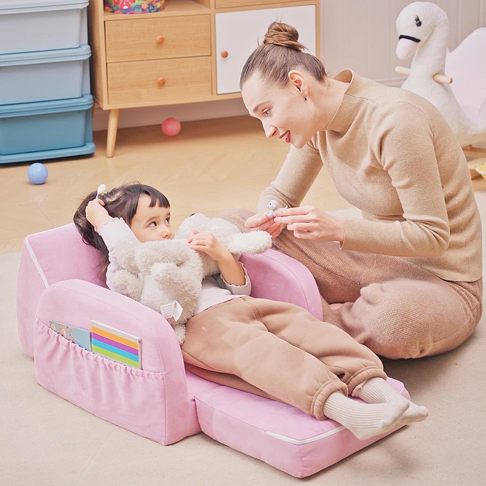 2-in-1 Kids Armchair, Toddler Sofa Bed, with Wood Frame, for Bedroom, Playroom - Pink