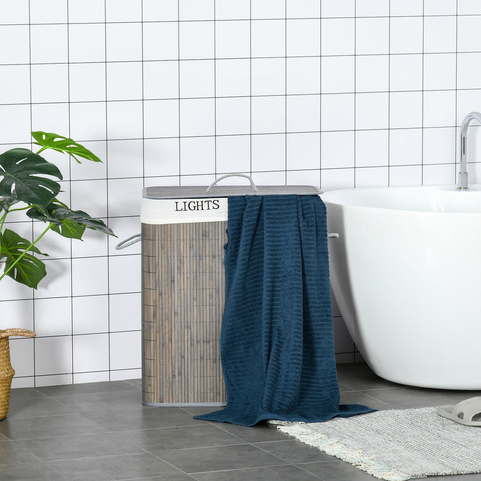 100L Laundry Basket with Lid String Handles, 2 Section Collapsible Hamper Removable Lining Foldable Water-Resistant Dirty Clothes Storage, Grey