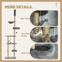 Floor to Ceiling Cat Tree for Indoor Cats, 6-Tier Play Tower Climbing Activity Center with Scratching Post, Platforms, Bed, Hammock, Adjustable Height 230-250cm, Grey