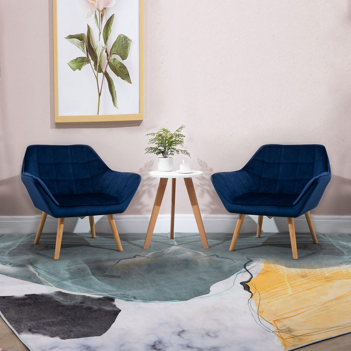 Armchair Accent Chair, Vanity Chair with Wide Arms, Slanted Back, Padding, Metal Frame, Wooden Legs, Home Bedroom Furniture Seating, Set of 2, Blue
