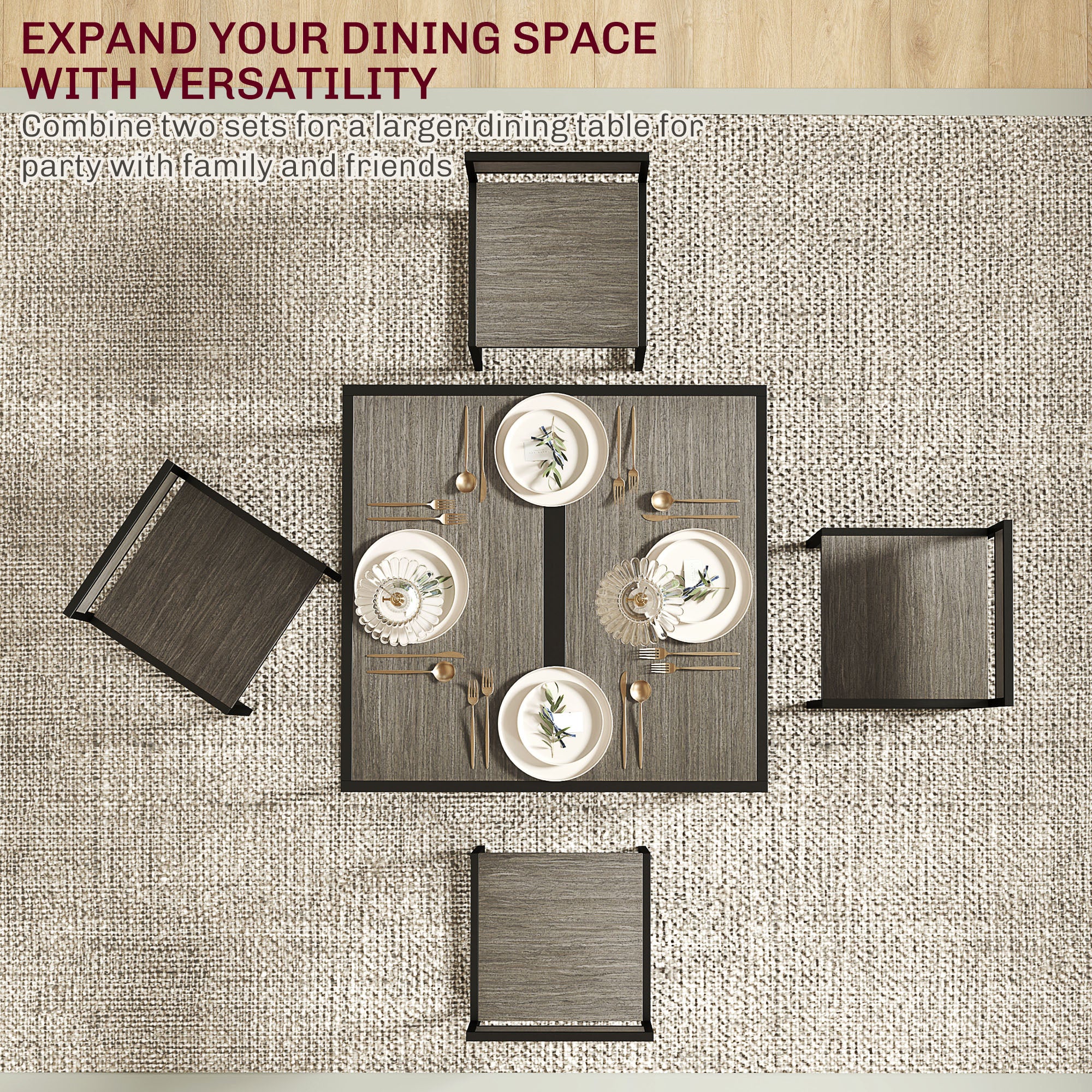 Dining Table and Chairs Set 2, Dining Room Sets, Rectangular Space Saving Table and 2 Chairs for Compact Kitchens, Steel Frame, Grey Wood-Effect