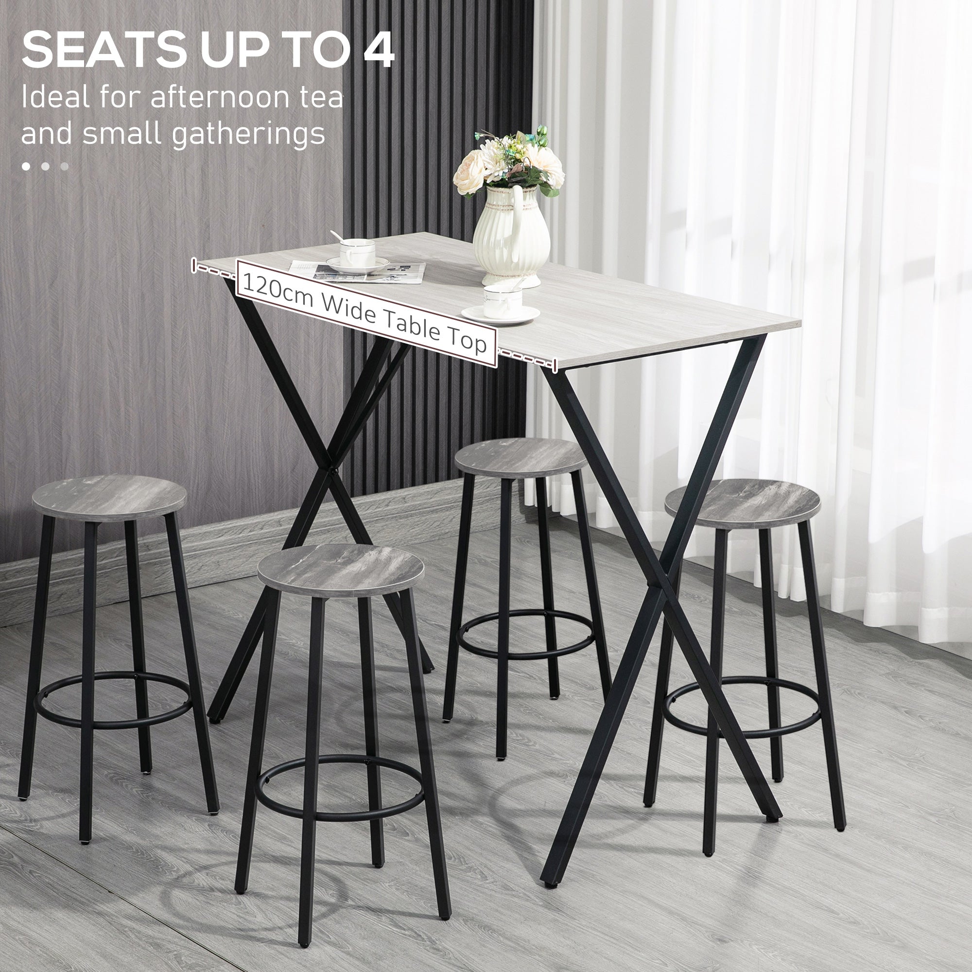 120 cm Rectangular Bar Table for 4 People, Modern Breakfast Bar Table with Wood Effect Tabletop, Steel Legs, Coffee Desk for Living Room, White