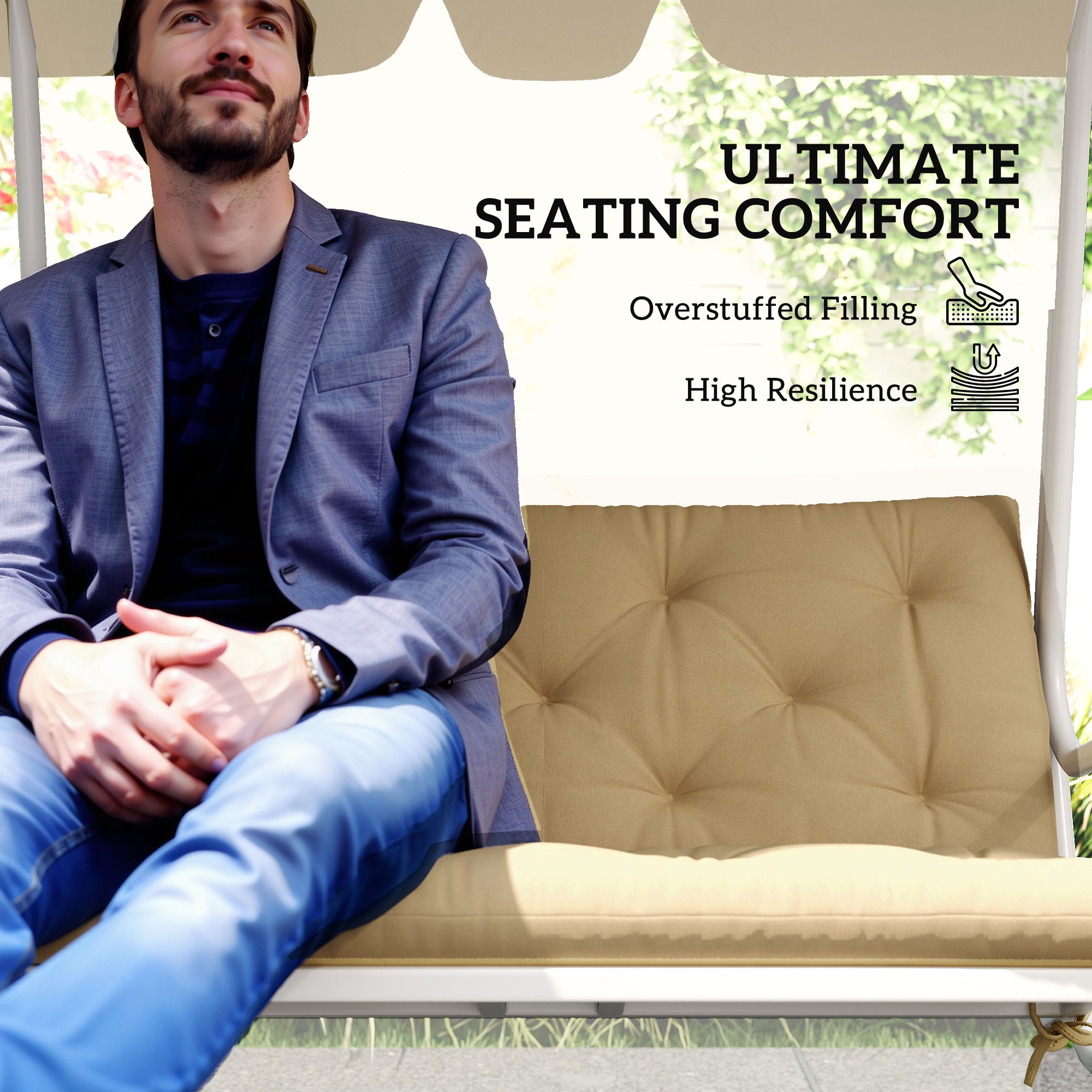 Fynco - 2 Seater Bench Pad, Garden Chair Cushion with Back and Ties for Indoor and Outdoor Use, 98 x 100 cm, Light Grey