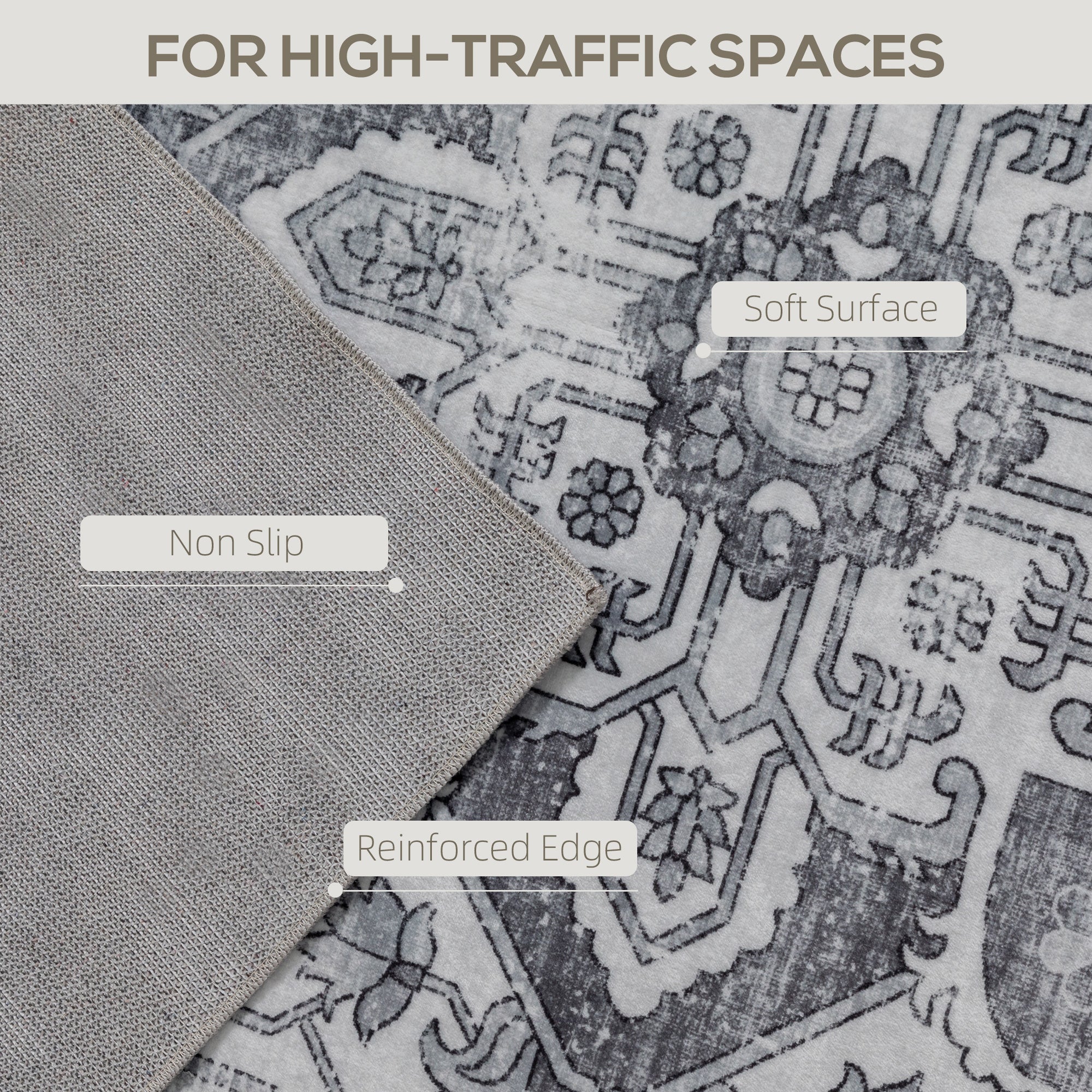 Fynco - Vintage Area Rug, Non-Slip Washable Rug, Flannel Floor Carpet for Living Room, Bedroom, Dining Room, Home Office, 170 x 120 cm, Grey