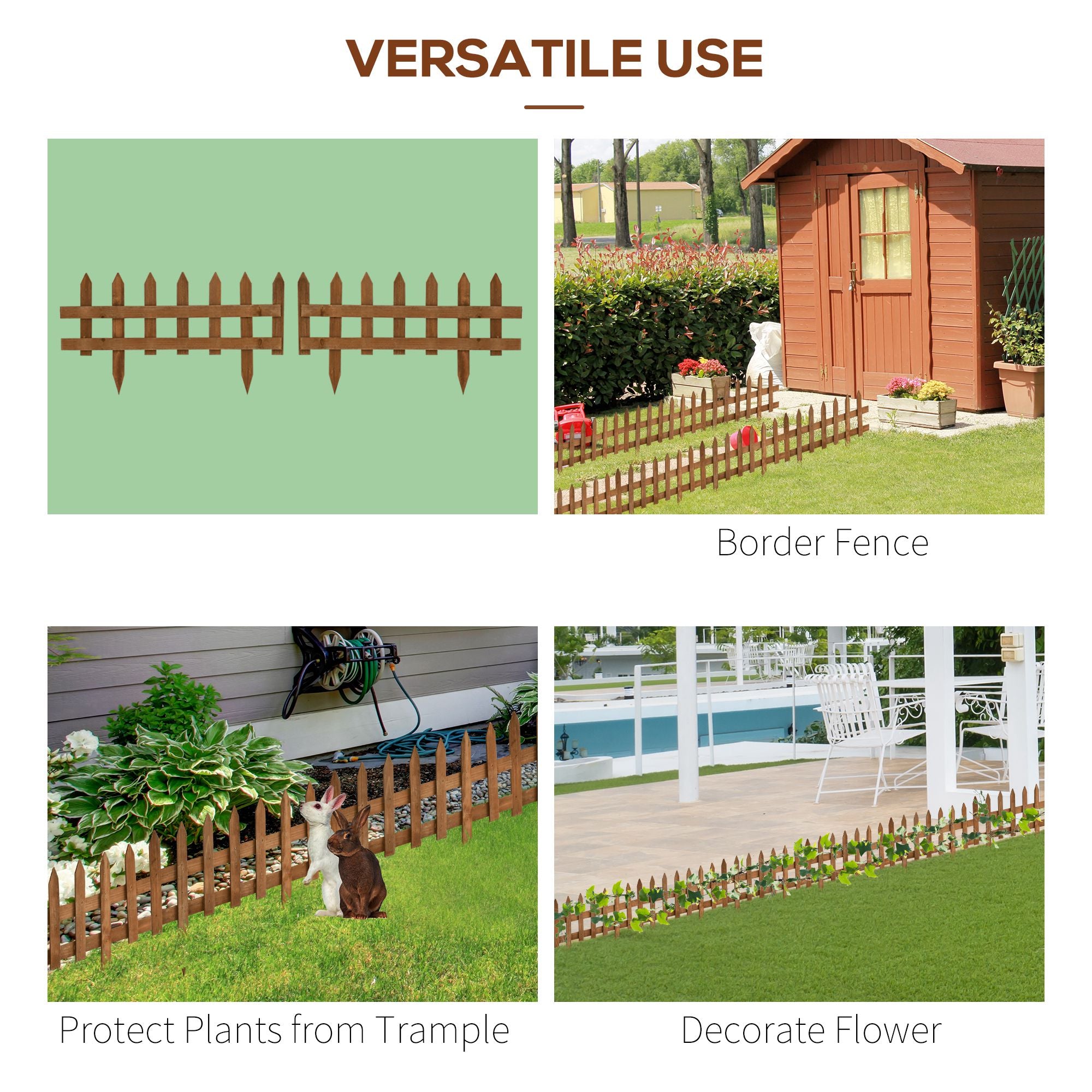 Fynco - Pack of 24 Wooden Border Fences, Garden Fixed Picket Fence for Lawn Edging, Flowerbed, 60L x 1D x 34H cm, Brown