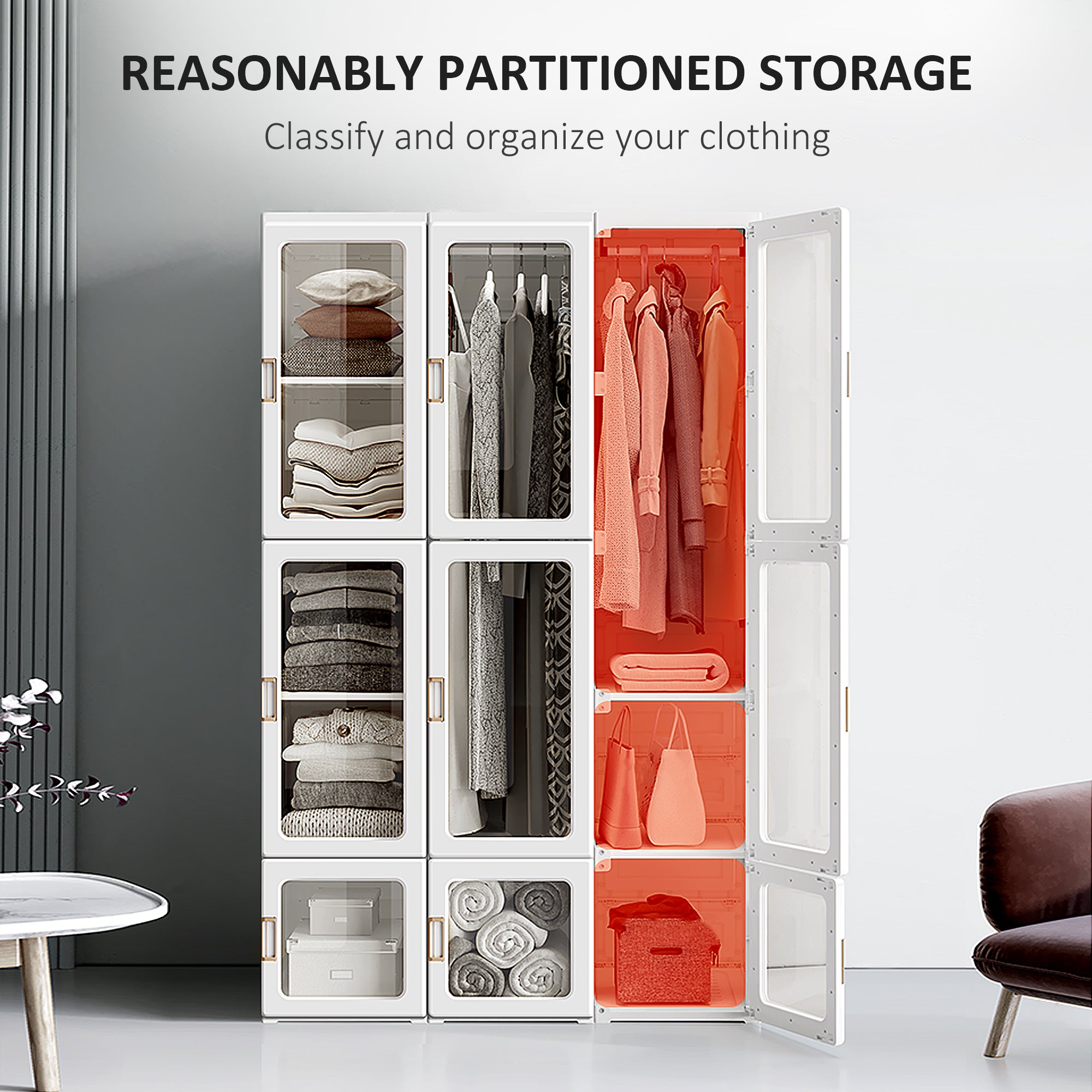 Portable Clothes Wardrobe for Bedroom, Foldable Clothes Organiser with Cube Storage, Hanging Rods, Magnet Doors, White