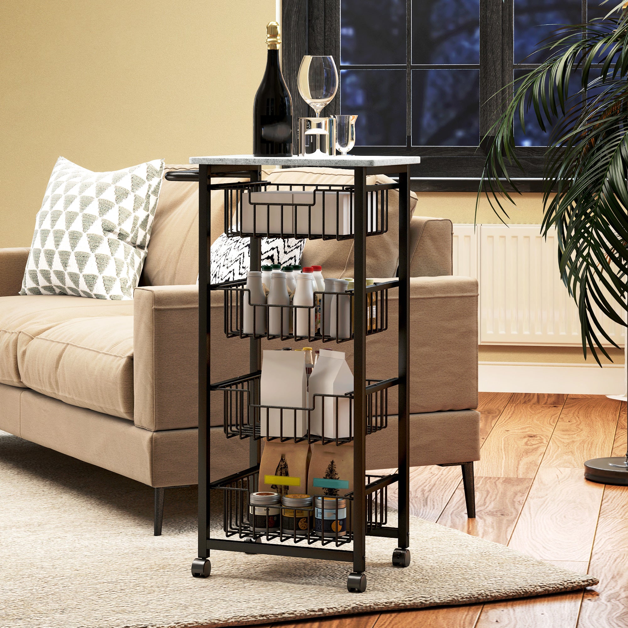 Four Basket Mobile Kitchen Island, with Brakes - Grey/Black