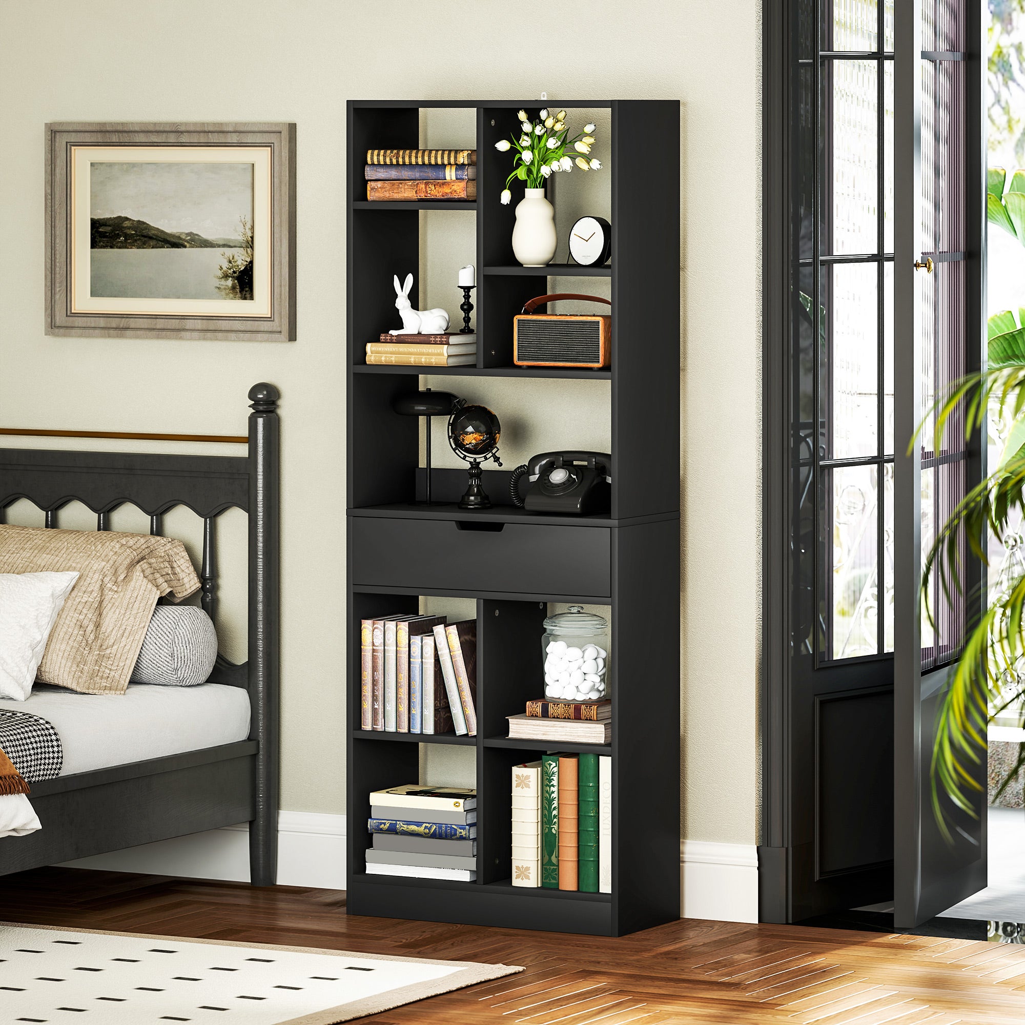 Fynco - Tall Bookshelf with Drawer, Freestanding Bookcase for Bedroom, Living Room, Home Office, Black