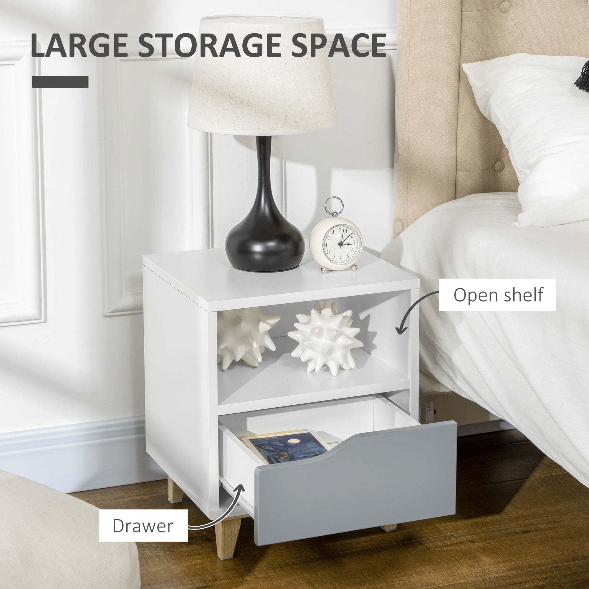 Set of 2 Modern Bedside Tables with Shelves, Drawers and Wood Legs, 36.8cm x 33cm x 43.8cm, White and Grey