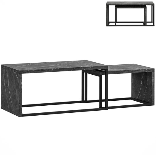 Coffee Tables Set of 2, Industrial Nest of Tables with Metal Frame for Living Room Bedroom, Dark Grey Marble Effect