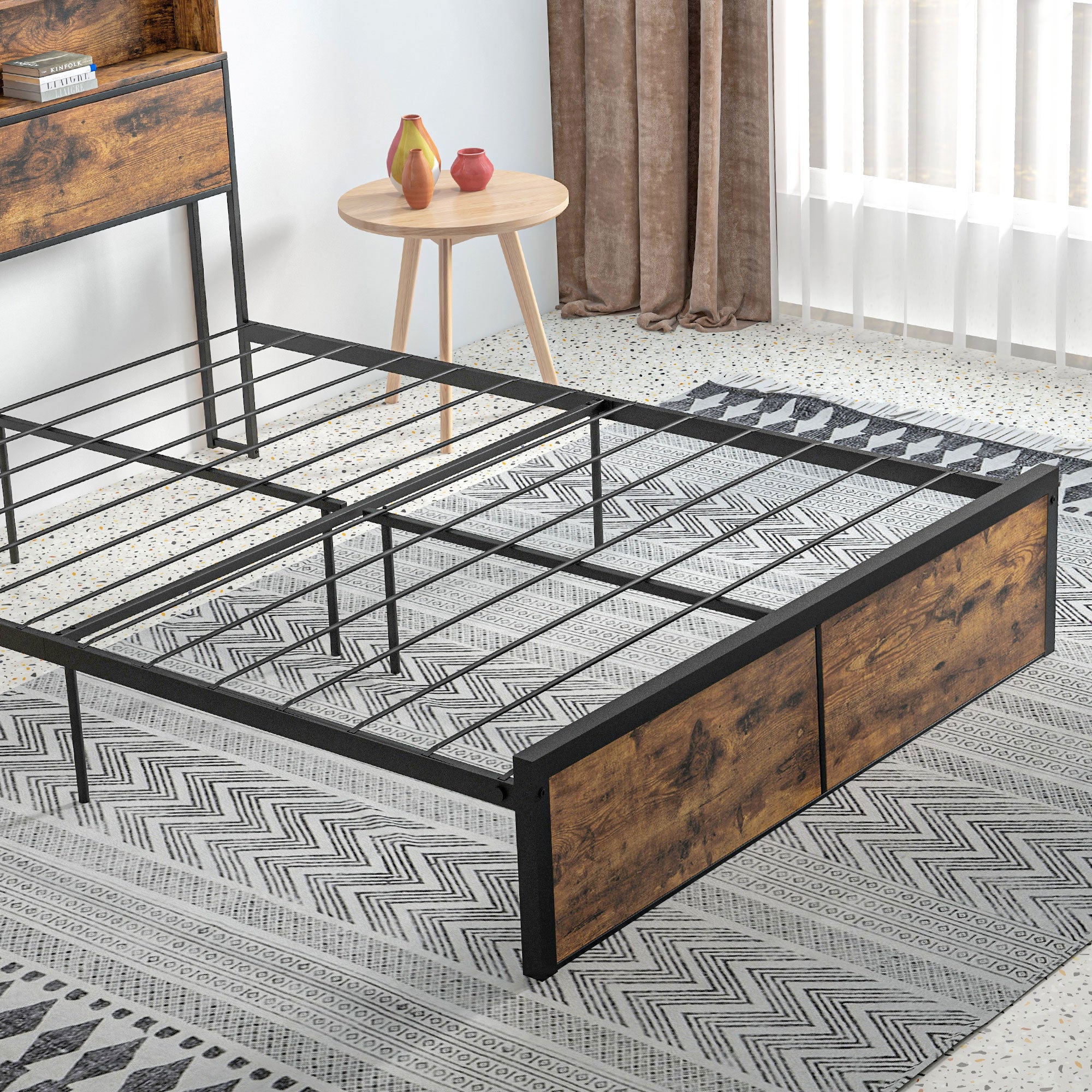Industrial Double Bed Frame, 4.6FT Steel Bed Base with Storage Headboard, Footboard, Slatted Support and Under Bed Storage, 141 x 207cm, Rustic Brown