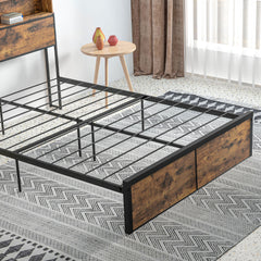 Industrial Double Bed Frame, 4.6FT Steel Bed Base with Storage Headboard, Footboard, Slatted Support and Under Bed Storage, 141 x 207cm, Rustic Brown