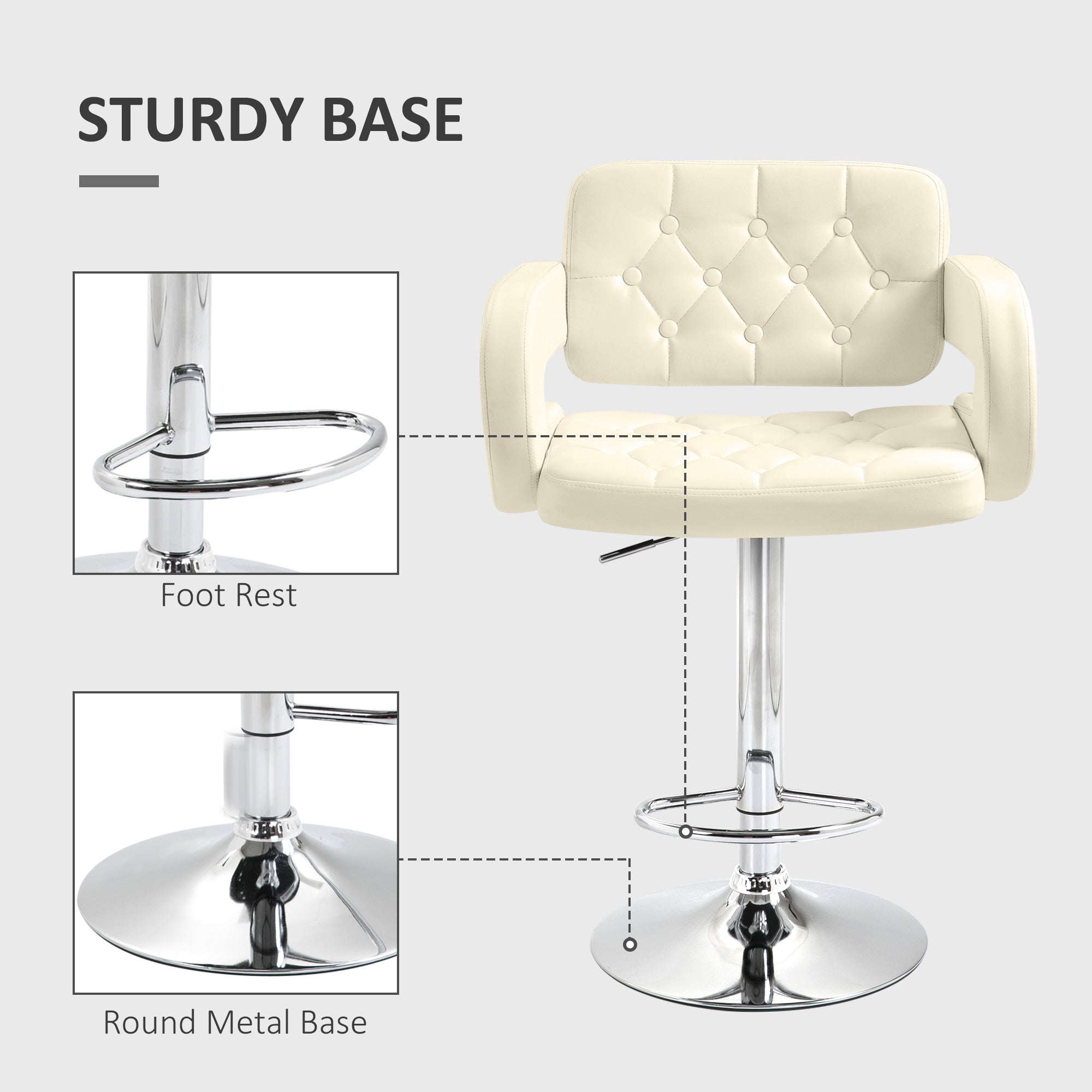 Upholstered Swivel Bar Stool, Set of 2 Height Adjustable Barstool with Back, Armrest, Footrest for Kitchen, White