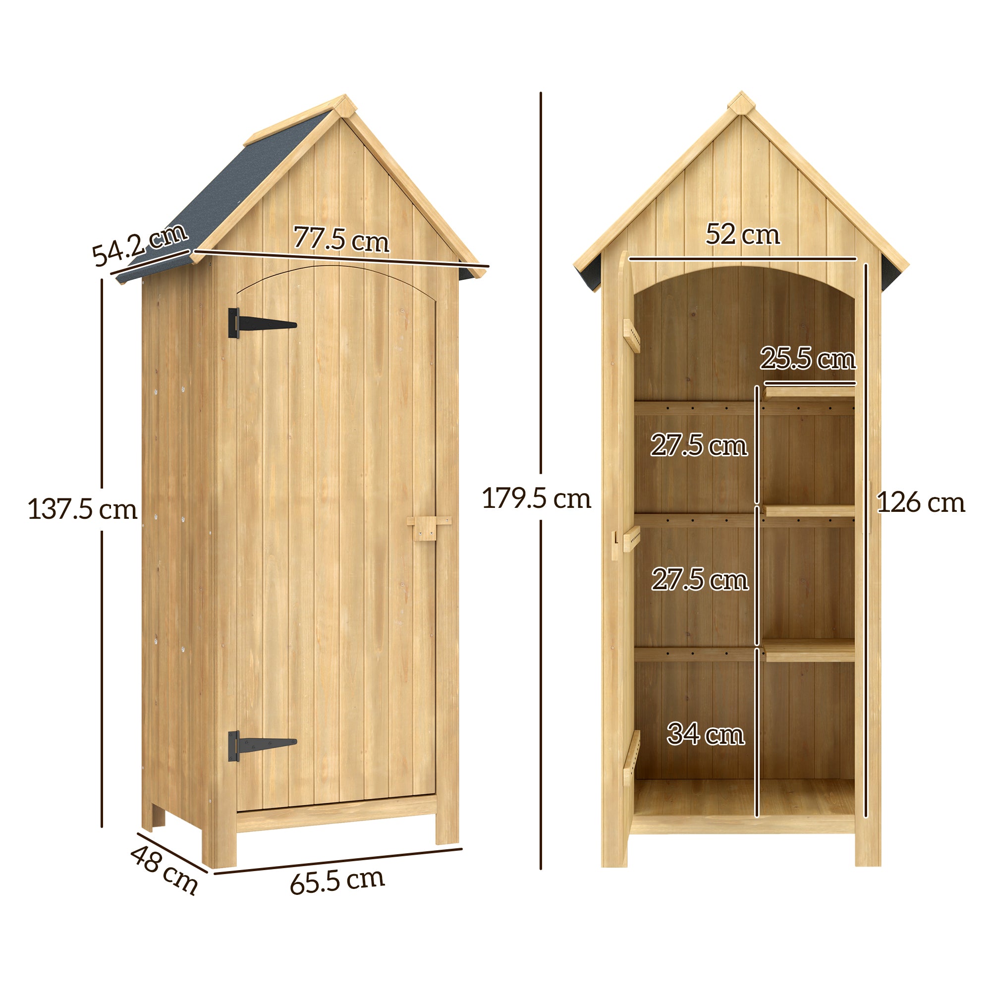Fynco - Small Shed, Wooden Garden Storage Shed with 3 Shelves, Outdoor Tool Storage Cabinet with Tilt Roof and Lockable Door, 77.5 x 54.2 x 179.5 cm, Natural