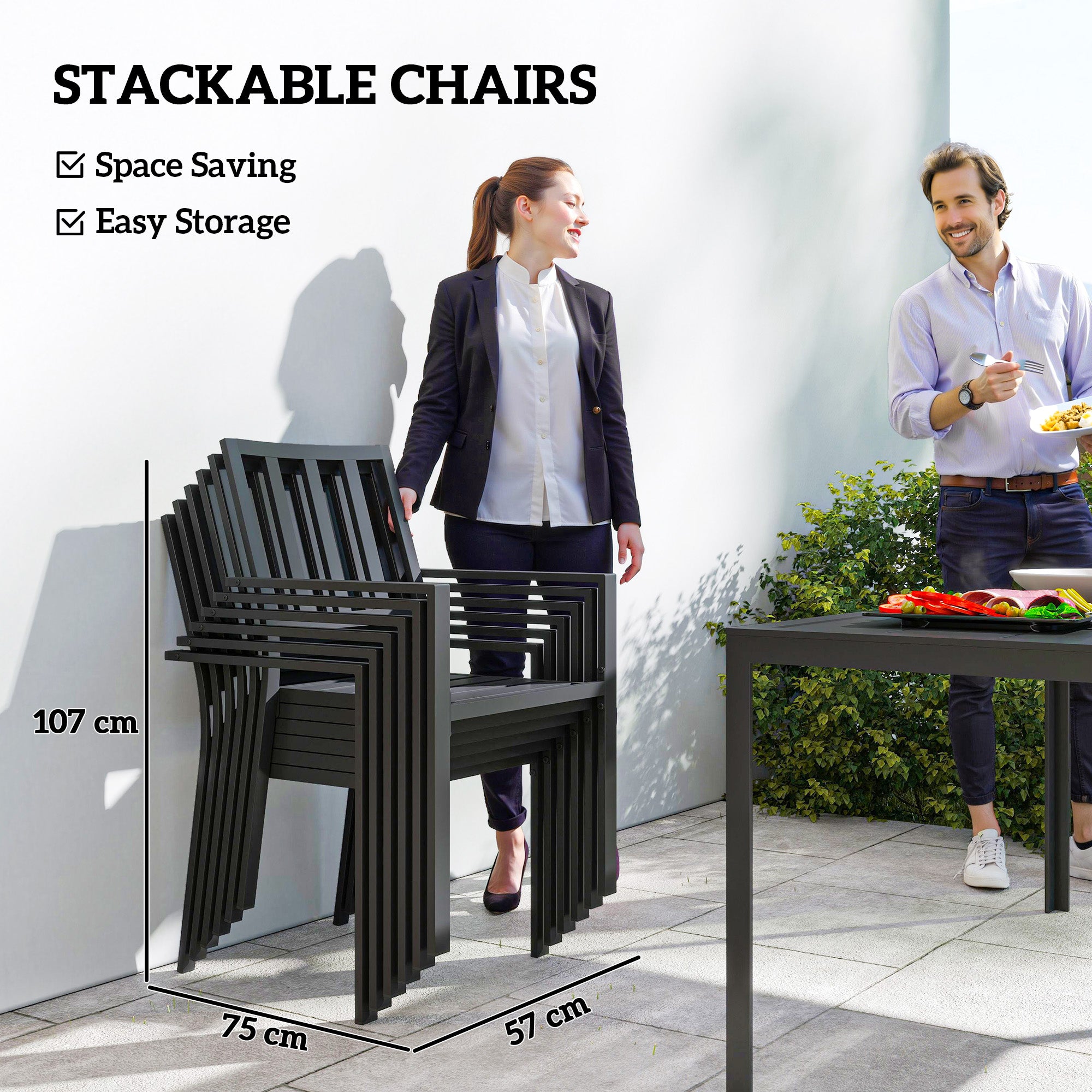 Seven-Piece Minimal Metal Garden Dining Set, with Parasol Hole - Black